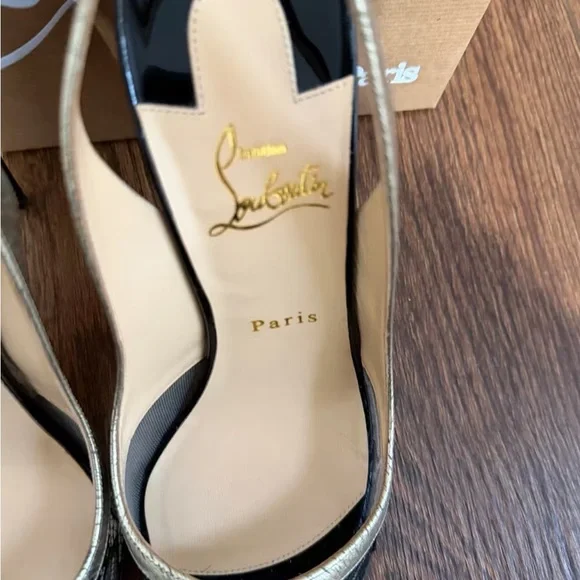 Christian Louboutin Black Lace and Metallic Gold Slingback Pumps - Picture 8 of 11